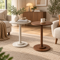 Bout de canapé rond 43 cm en bois pied central, blanc ou couleur noyer