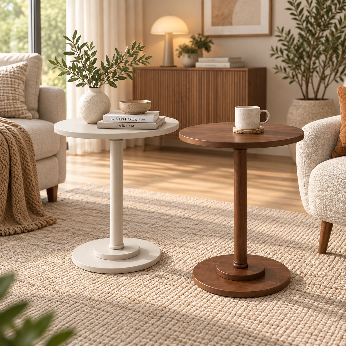 Bout de canapé rond 43 cm en bois pied central, blanc ou couleur noyer