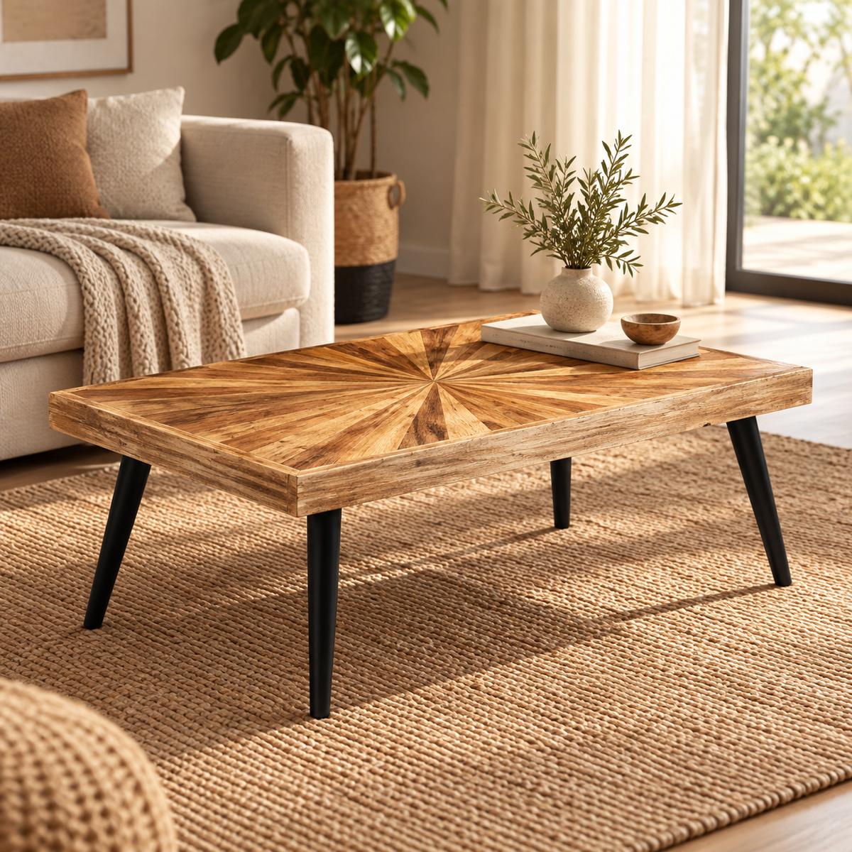 Table basse bois massif de manguier 90 cm, plateau motif soleil
