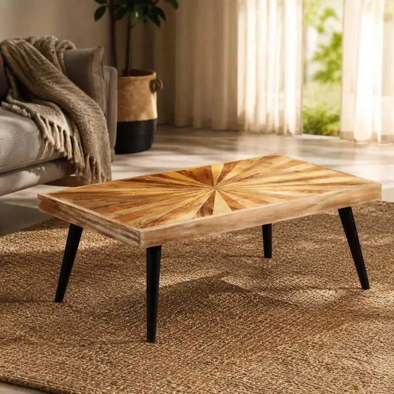 Table basse bois massif de manguier 90 cm, plateau motif soleil – vue 2