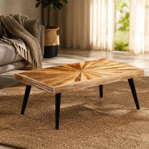 Table basse bois massif de manguier 90 cm, plateau motif soleil – vue 2