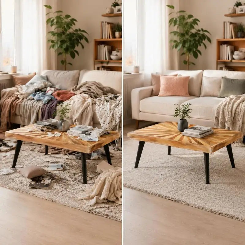 Table basse bois massif de manguier 90 cm, plateau motif soleil – vue 3