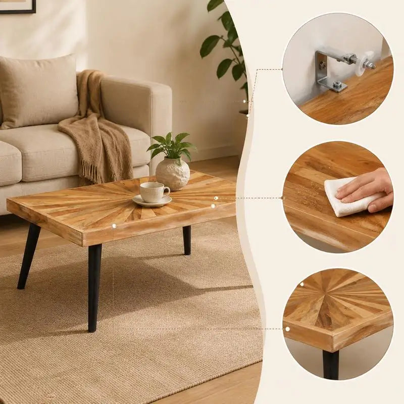Table basse bois massif de manguier 90 cm, plateau motif soleil – vue 4