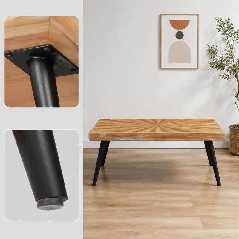 Table basse bois massif de manguier 90 cm, plateau motif soleil – vue 5