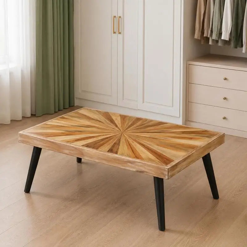 Table basse bois massif de manguier 90 cm, plateau motif soleil – vue 6
