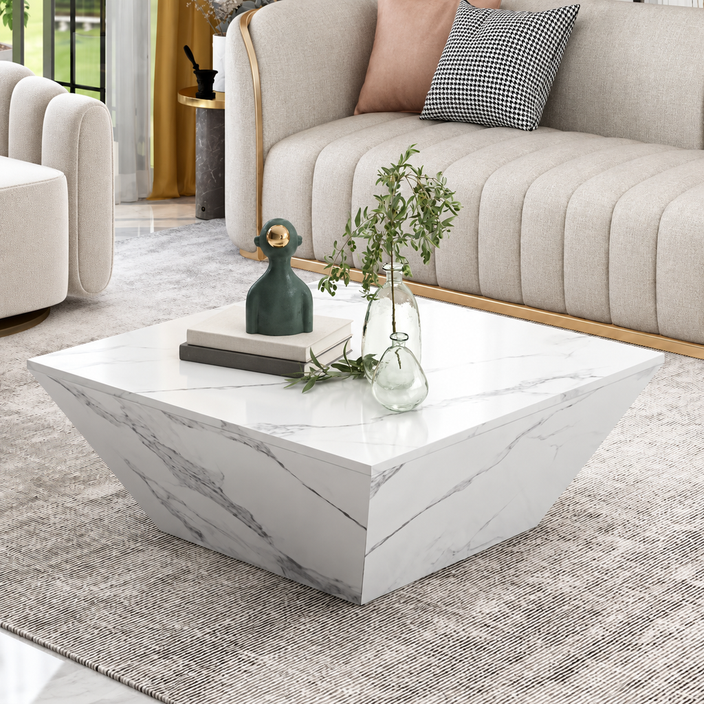 Table basse carrée effet marbre blanc 70 cm design trapèze avec tiroirs