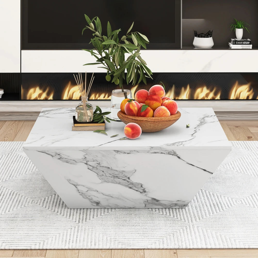 Table basse carrée effet marbre blanc 70 cm design trapèze avec tiroirs – vue 2