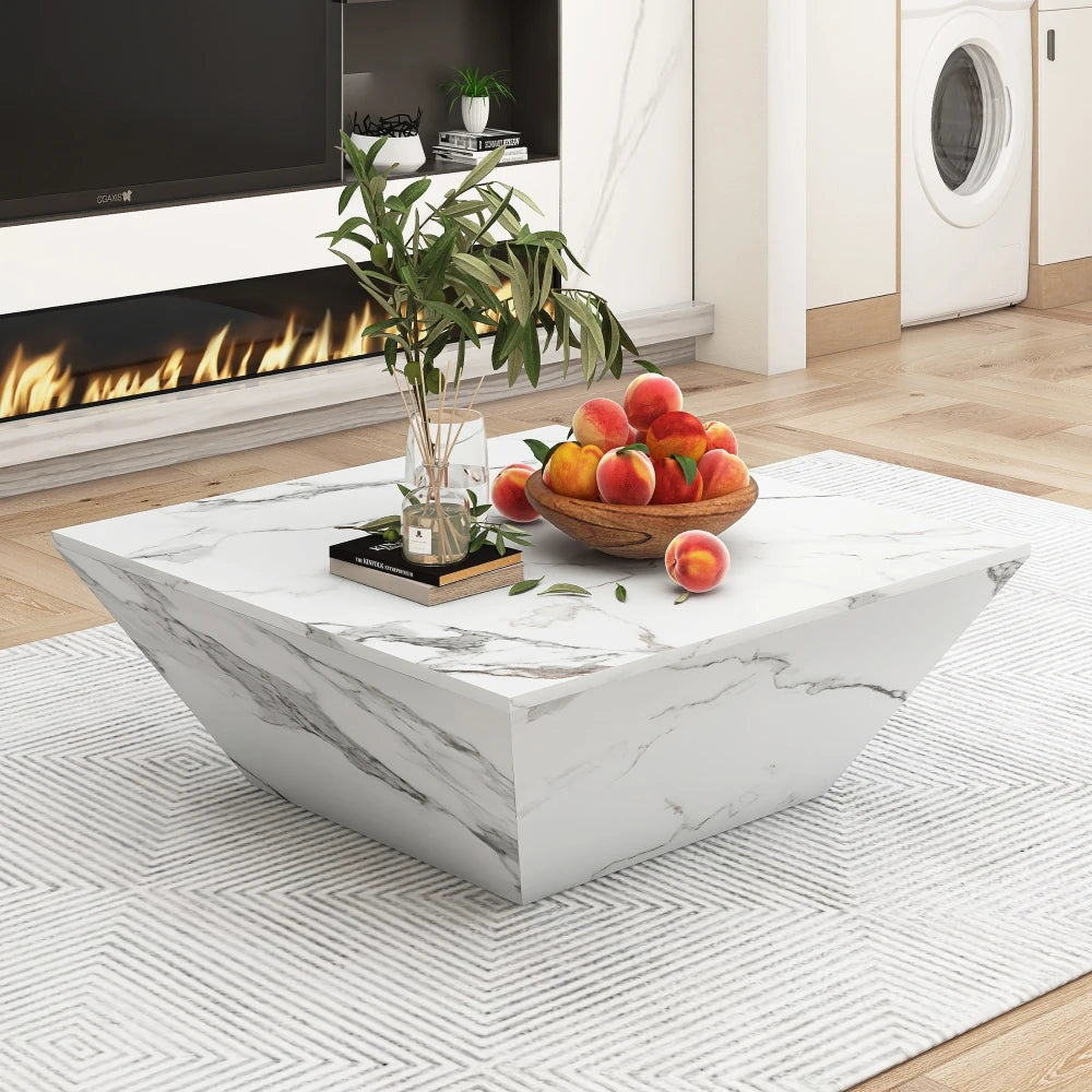 Table basse carrée effet marbre blanc 70 cm design trapèze avec tiroirs – vue 3