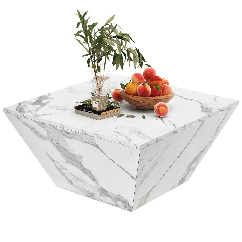 Table basse carrée effet marbre blanc 70 cm design trapèze avec tiroirs – vue 4