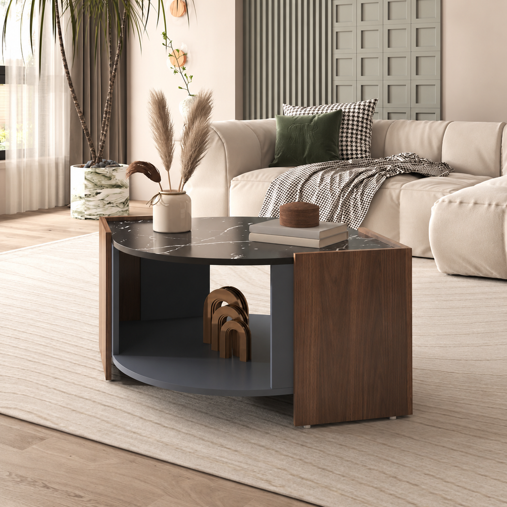Table basse effet marbre noir et couleur noyer 97 cm avec étagère