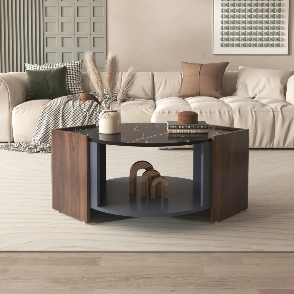 Table basse effet marbre noir et couleur noyer 97 cm avec étagère – vue 2
