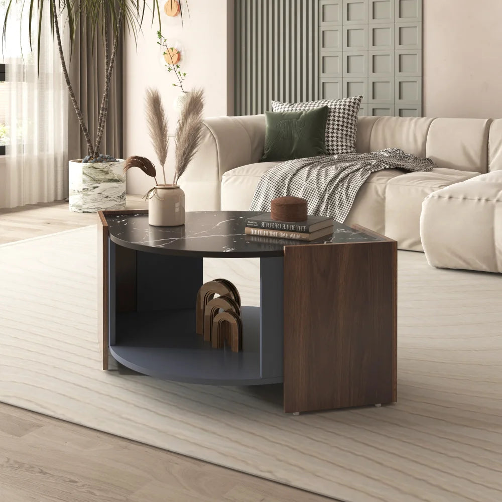 Table basse effet marbre noir et couleur noyer 97 cm avec étagère – vue 3