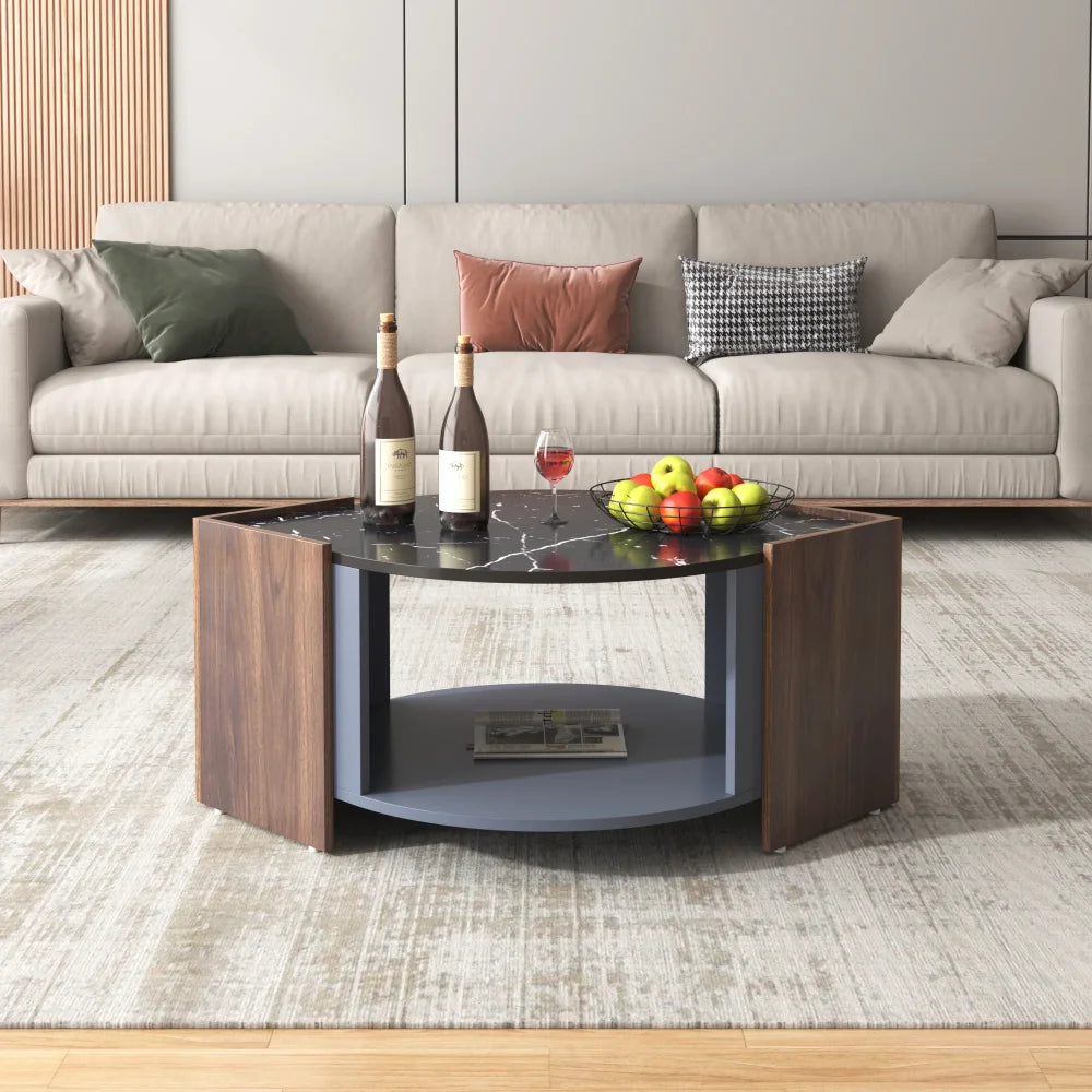 Table basse effet marbre noir et couleur noyer 97 cm avec étagère – vue 4