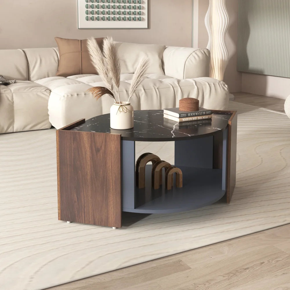Table basse effet marbre noir et couleur noyer 97 cm avec étagère – vue 5