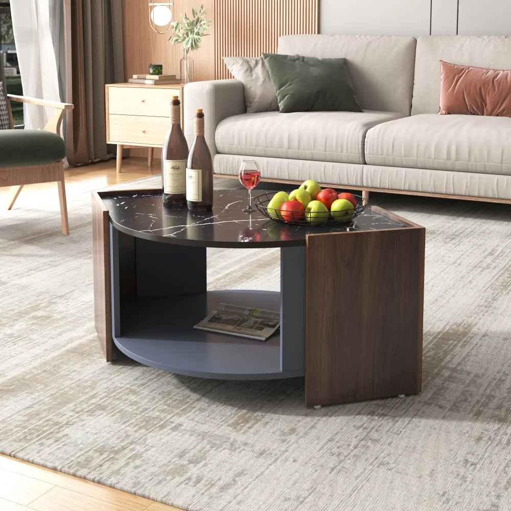 Table basse effet marbre noir et couleur noyer 97 cm avec étagère – vue 6