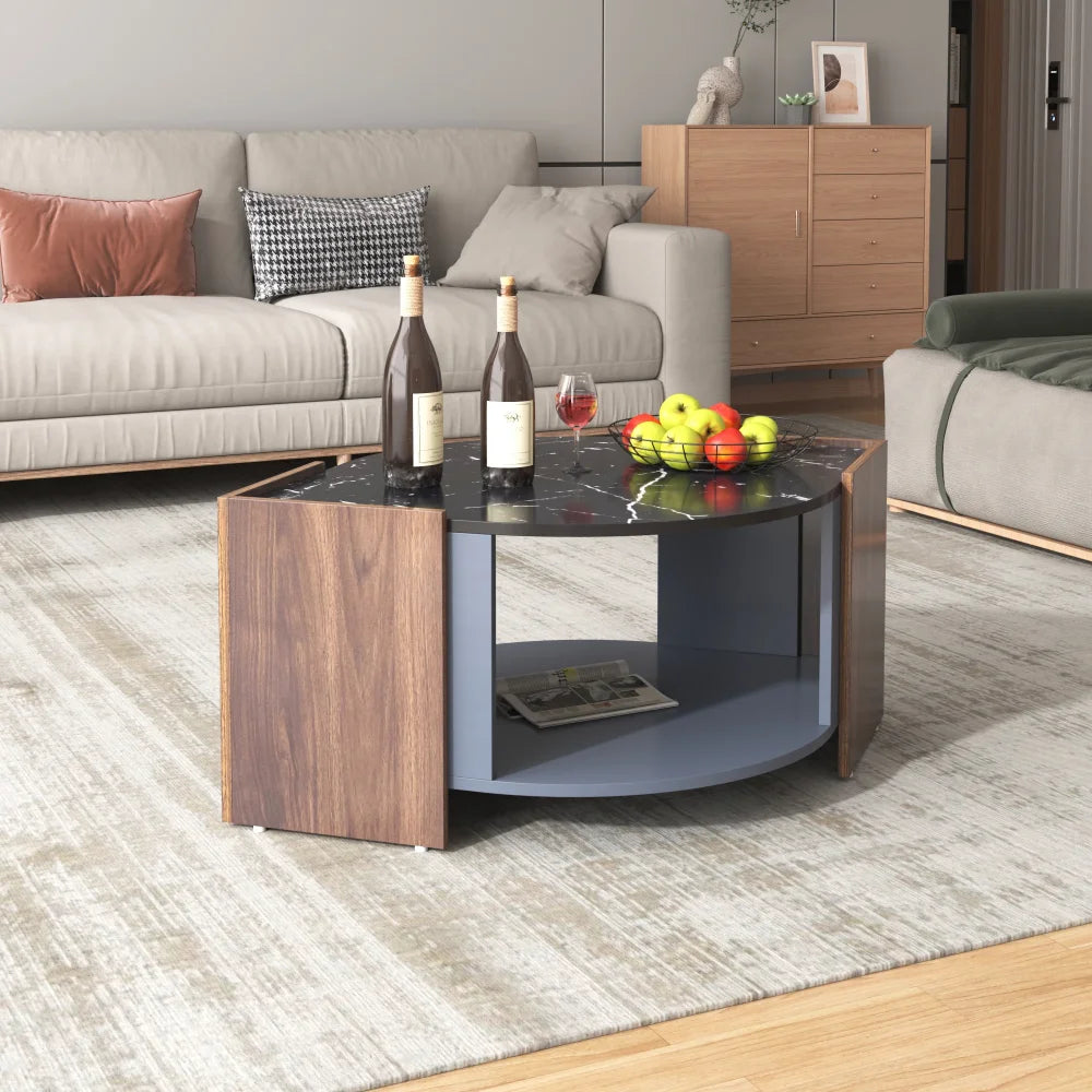 Table basse effet marbre noir et couleur noyer 97 cm avec étagère – vue 7