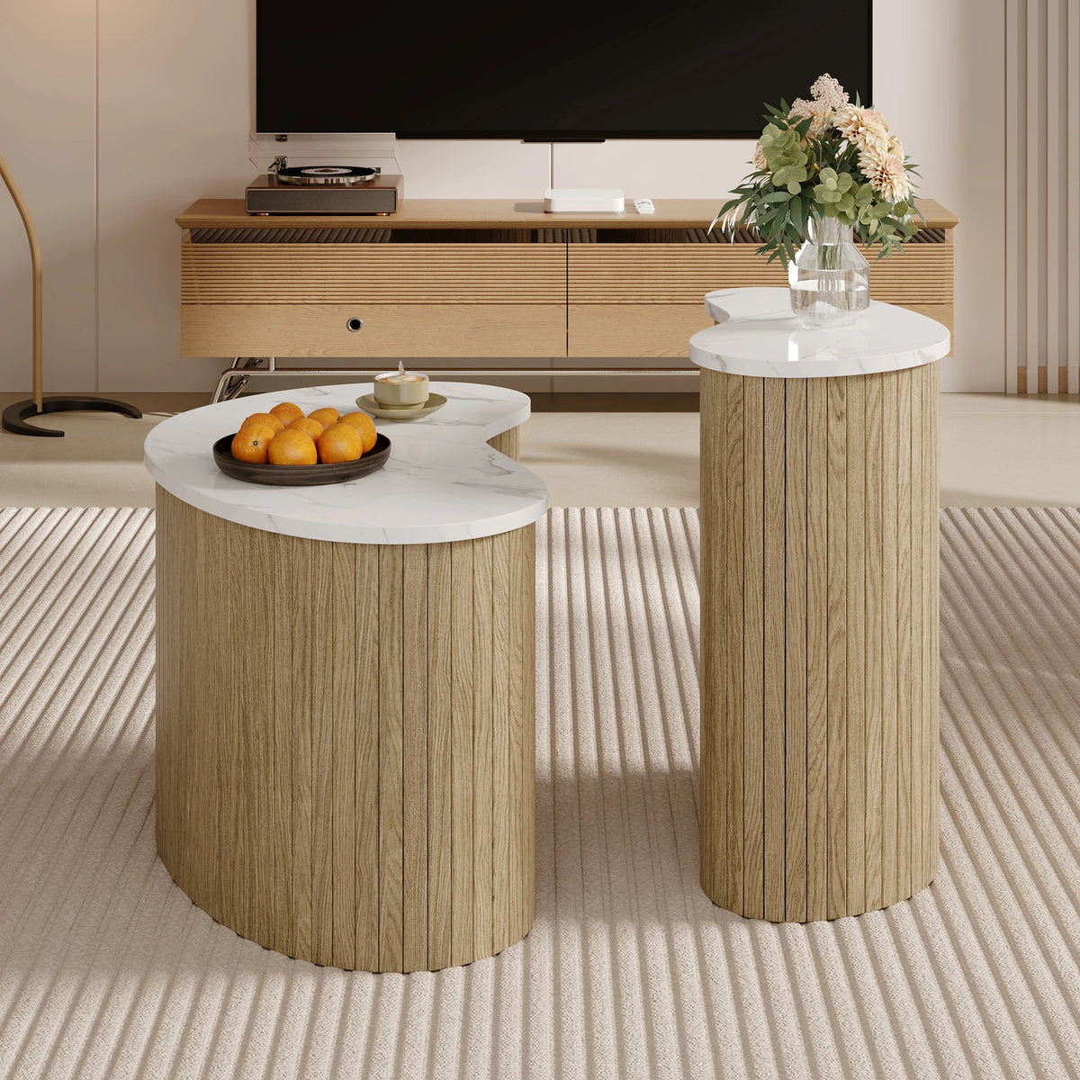 Table basse forme organique effet marbre et effet bois naturel pied cannelé, lot de 2