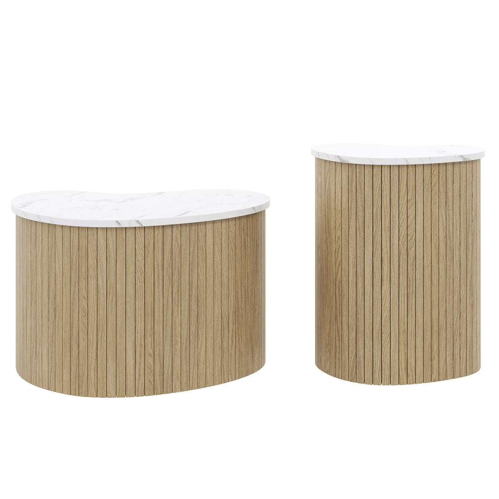 Table basse forme organique effet marbre et effet bois naturel pied cannelé, lot de 2 – vue 2