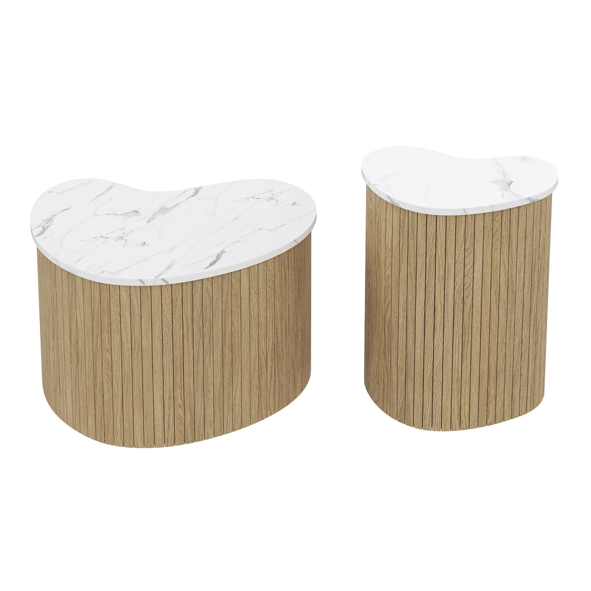 Table basse forme organique effet marbre et effet bois naturel pied cannelé, lot de 2 – vue 3