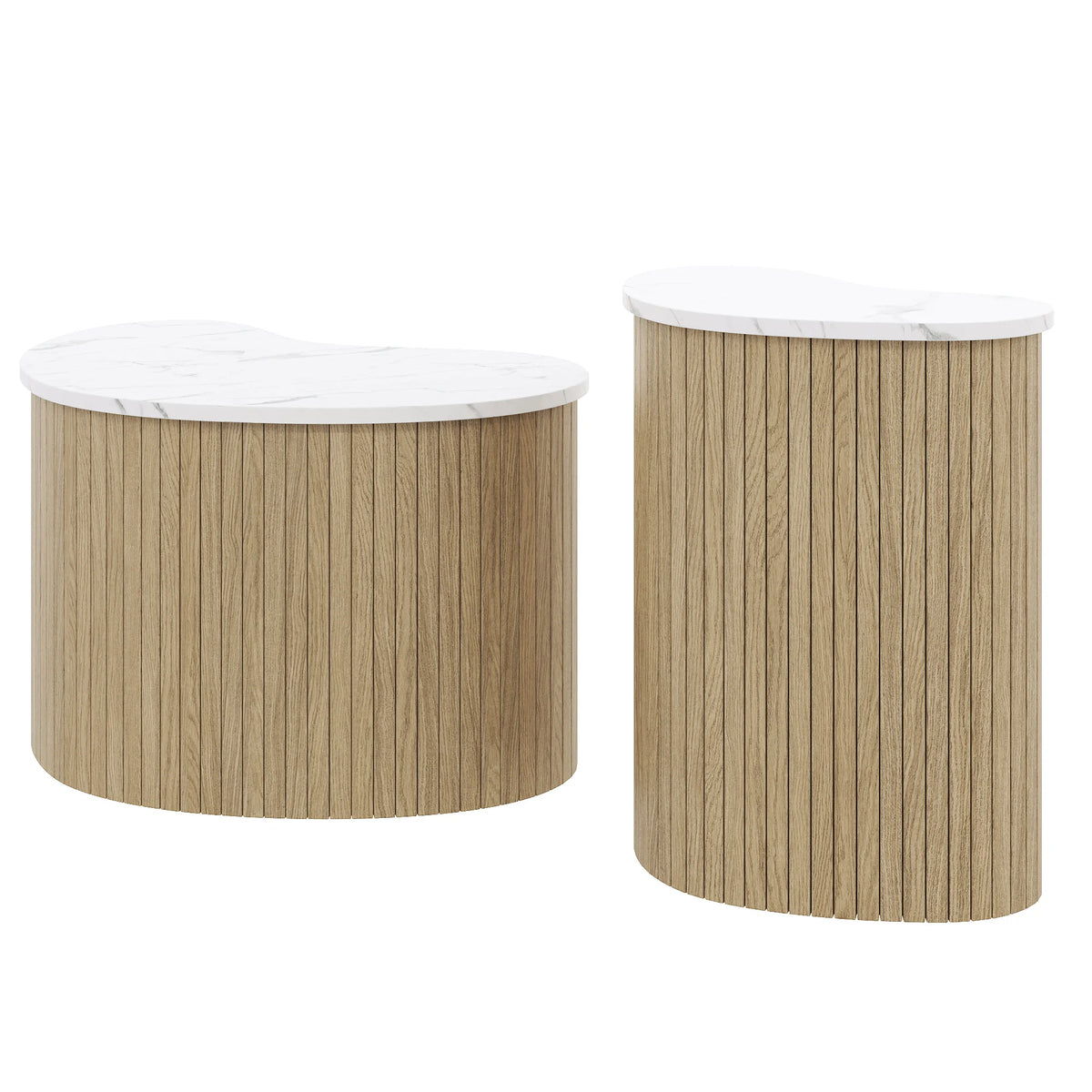 Table basse forme organique effet marbre et effet bois naturel pied cannelé, lot de 2 – vue 4
