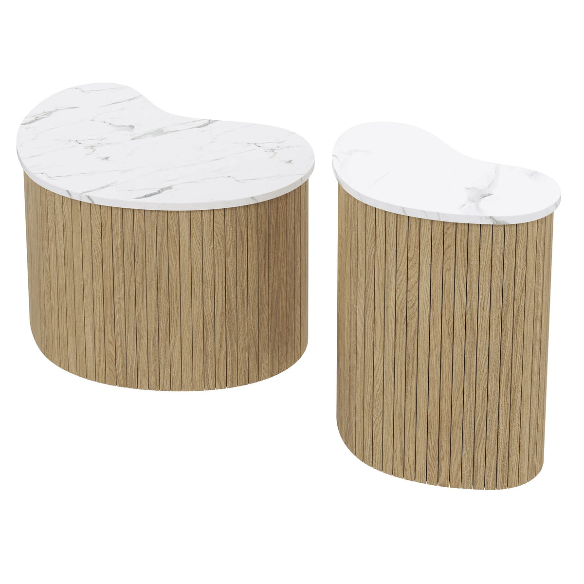Table basse forme organique effet marbre et effet bois naturel pied cannelé, lot de 2 – vue 5