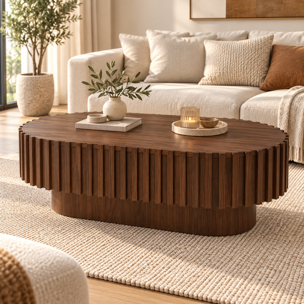 Table basse ovale effet noyer 100 cm façade à lattes avec tiroir