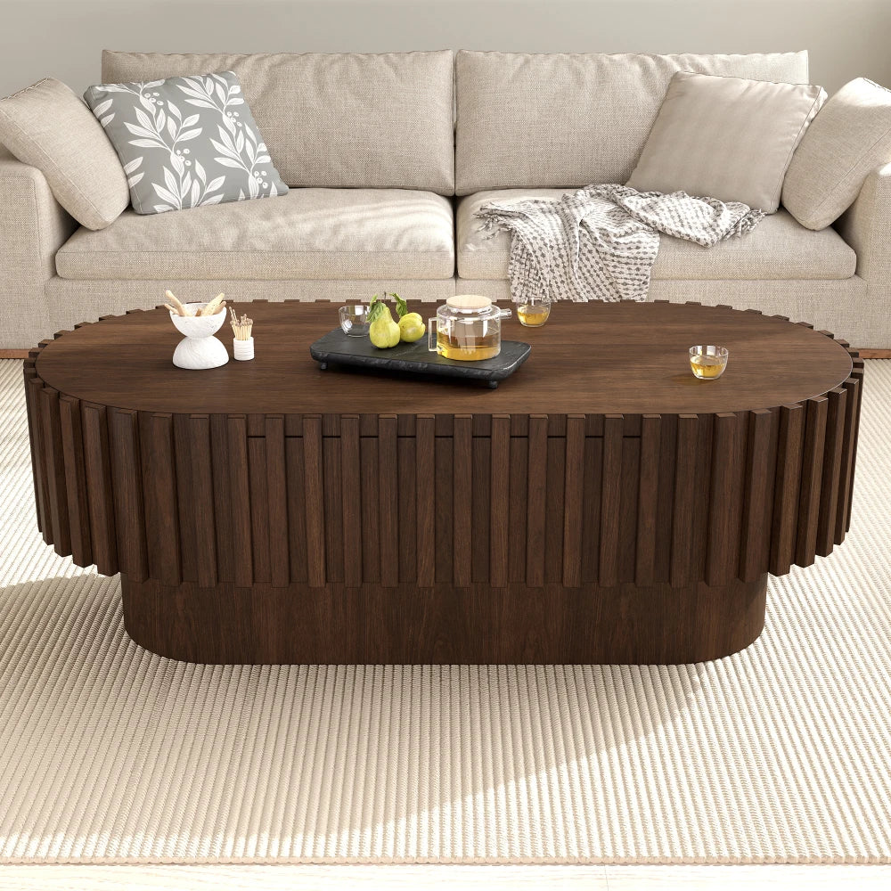 Table basse ovale effet noyer 100 cm façade à lattes avec tiroir – vue 2