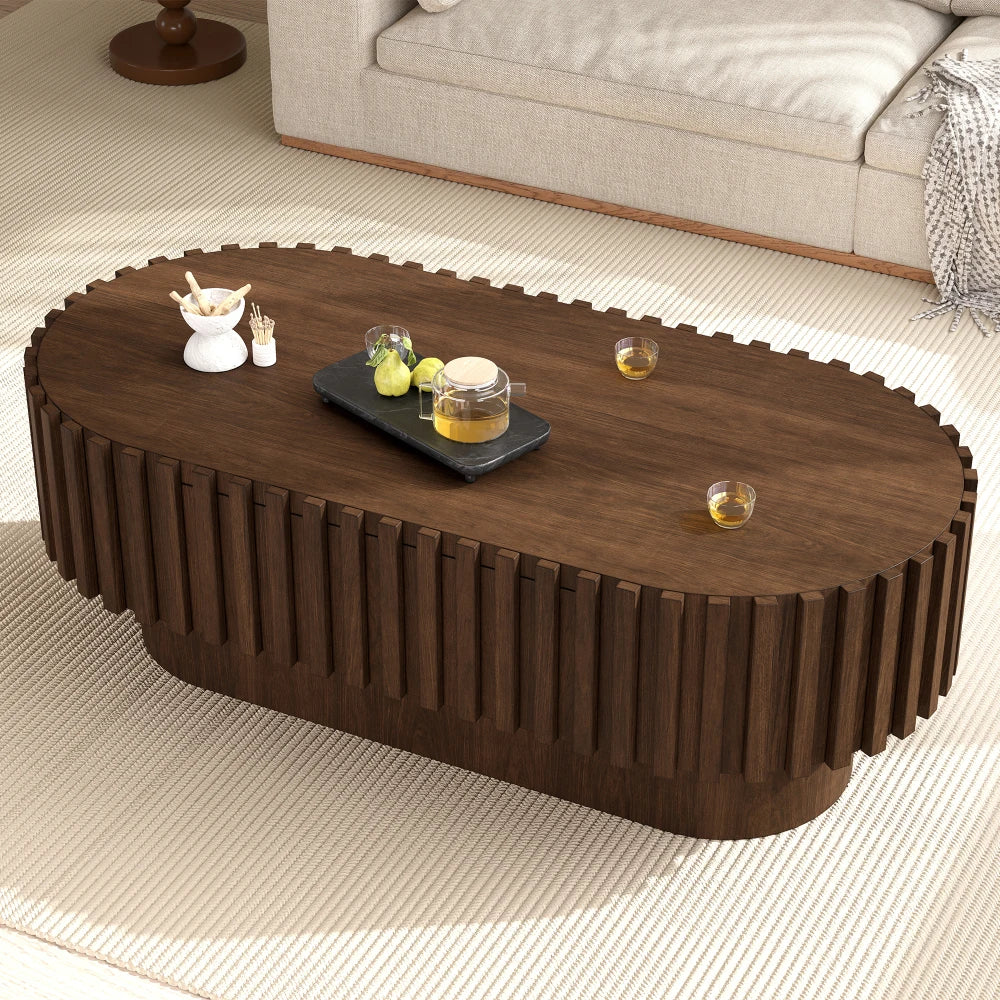 Table basse ovale effet noyer 100 cm façade à lattes avec tiroir – vue 3
