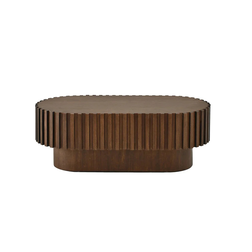 Table basse ovale effet noyer 100 cm façade à lattes avec tiroir – vue 4