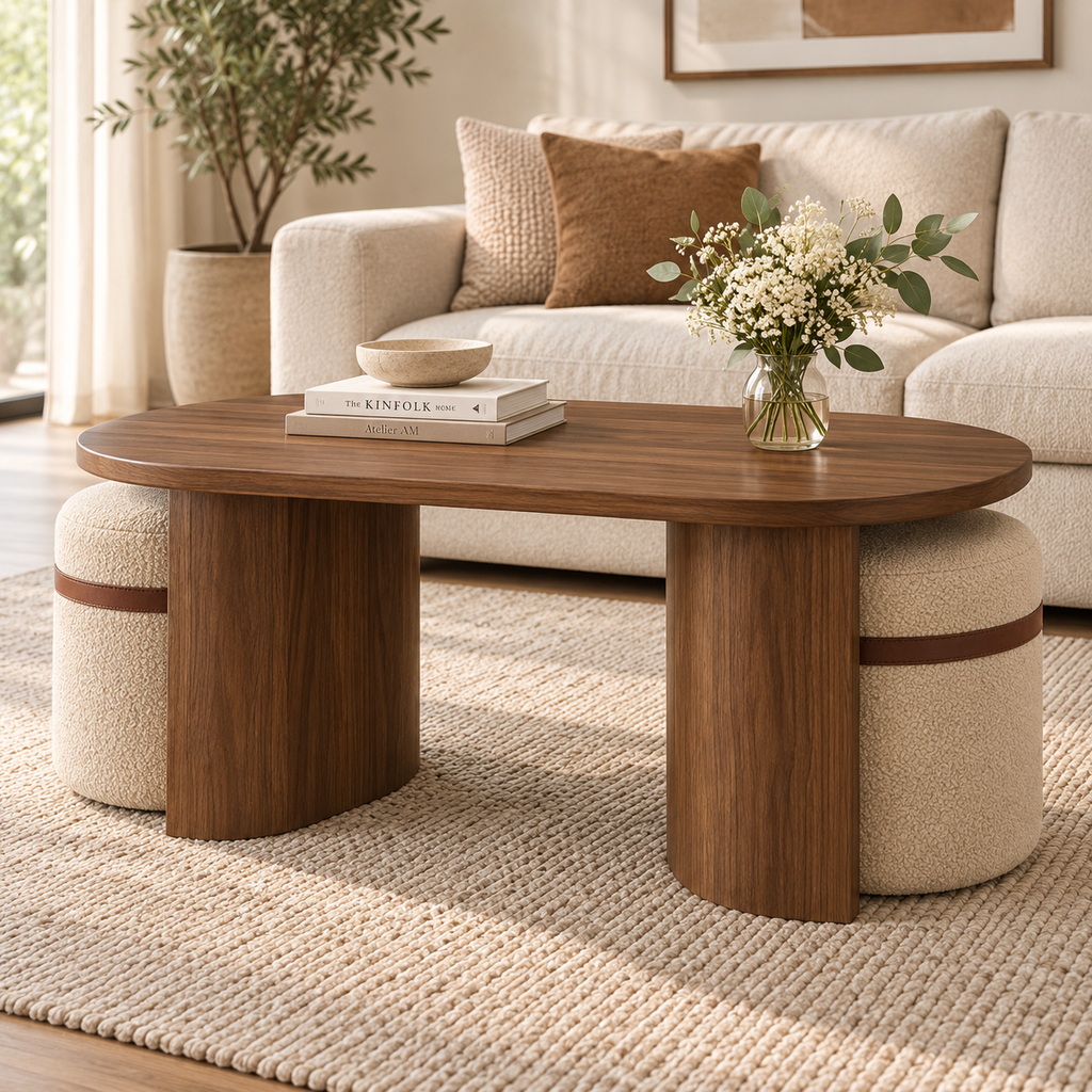 Table basse ovale couleur noyer 108 cm avec 2 tabourets rembourrés, ensemble 3 pièces