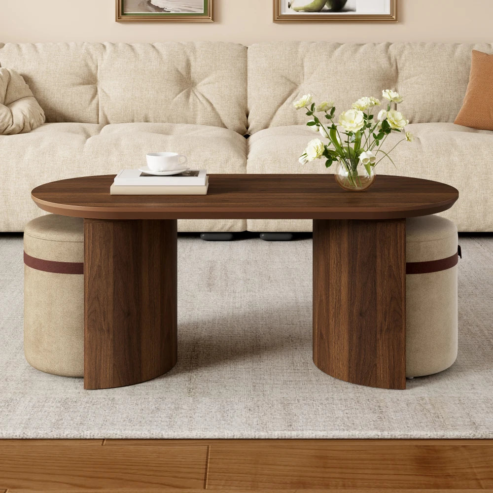 Table basse ovale couleur noyer 108 cm avec 2 tabourets rembourrés, ensemble 3 pièces – vue 2