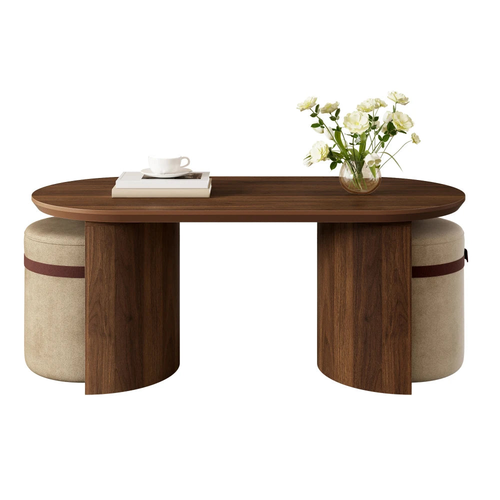 Table basse ovale couleur noyer 108 cm avec 2 tabourets rembourrés, ensemble 3 pièces – vue 3