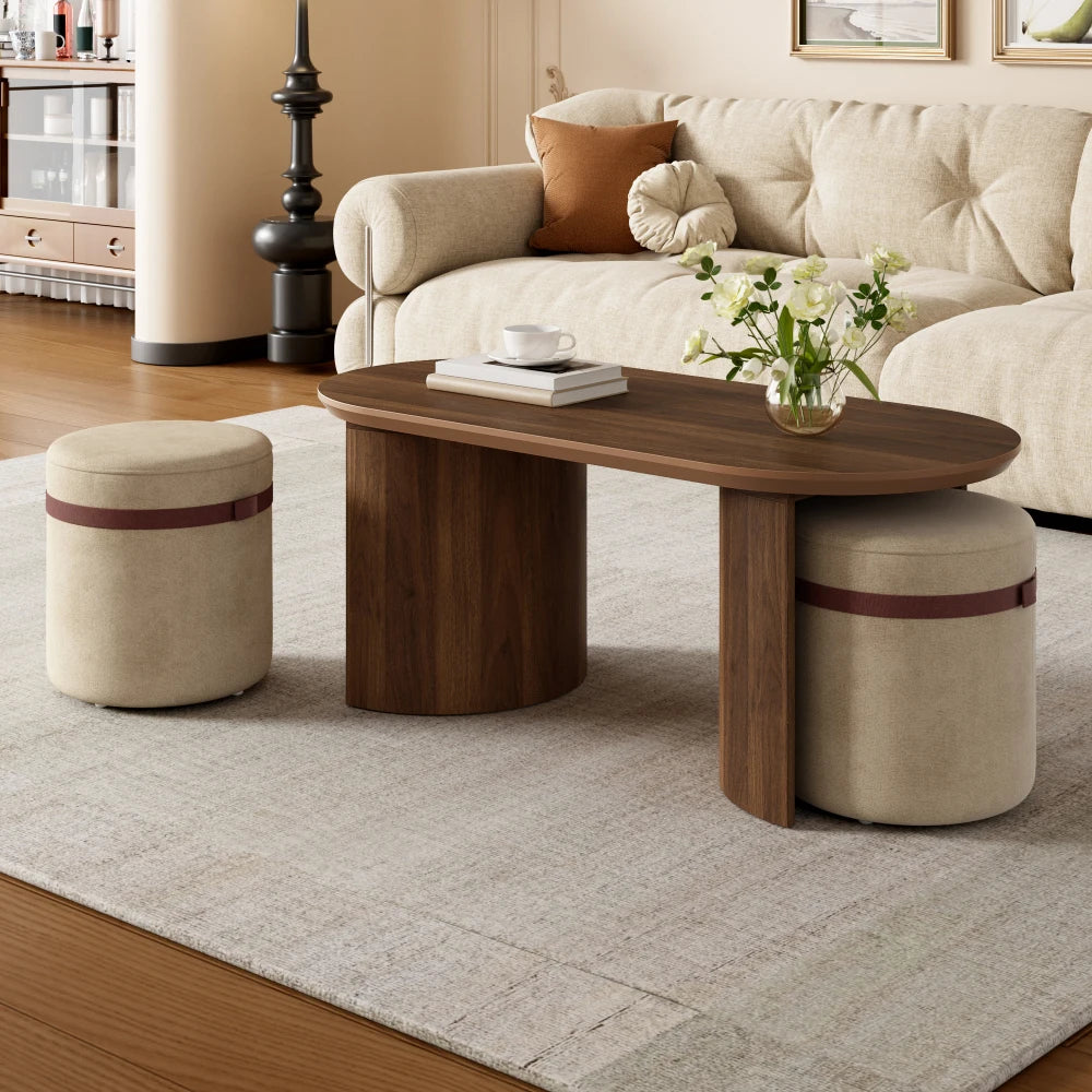 Table basse ovale couleur noyer 108 cm avec 2 tabourets rembourrés, ensemble 3 pièces – vue 4