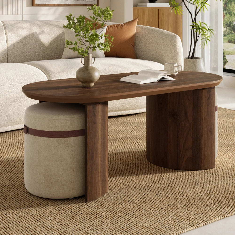 Table basse ovale couleur noyer 108 cm avec 2 tabourets rembourrés, ensemble 3 pièces – vue 6