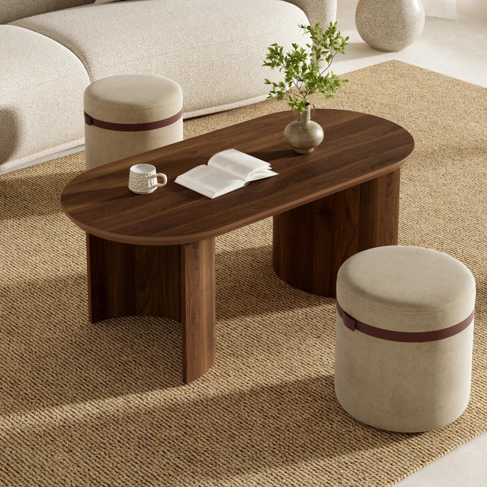 Table basse ovale couleur noyer 108 cm avec 2 tabourets rembourrés, ensemble 3 pièces – vue 7