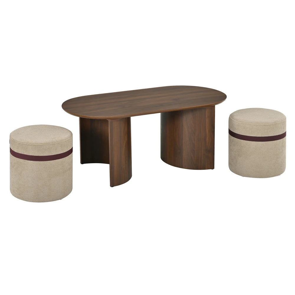 Table basse ovale couleur noyer 108 cm avec 2 tabourets rembourrés, ensemble 3 pièces – vue 8
