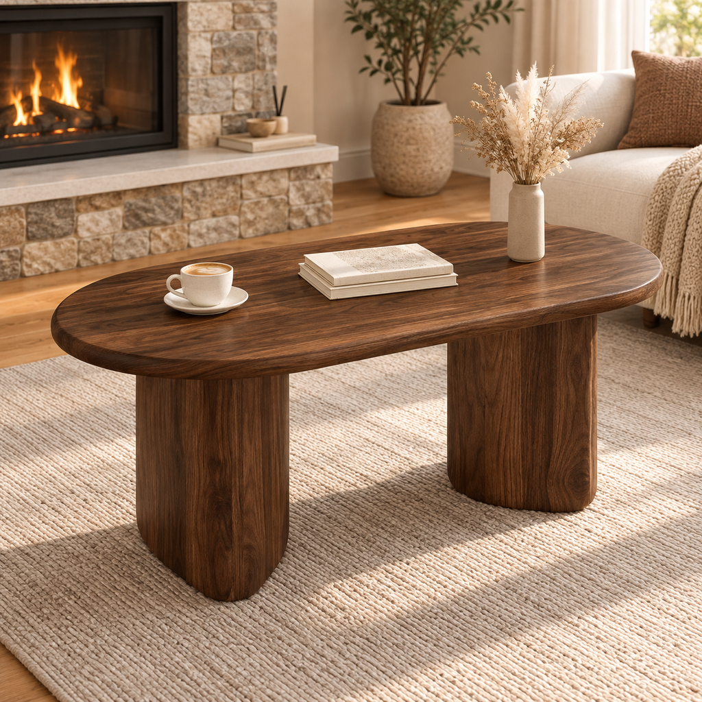 Table basse ovale couleur noyer 99 cm pieds piliers