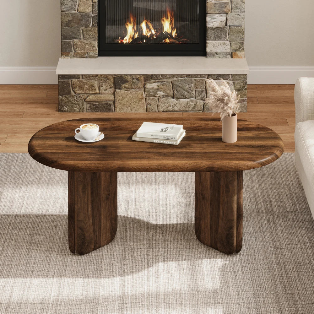 Table basse ovale couleur noyer 99 cm pieds piliers – vue 3