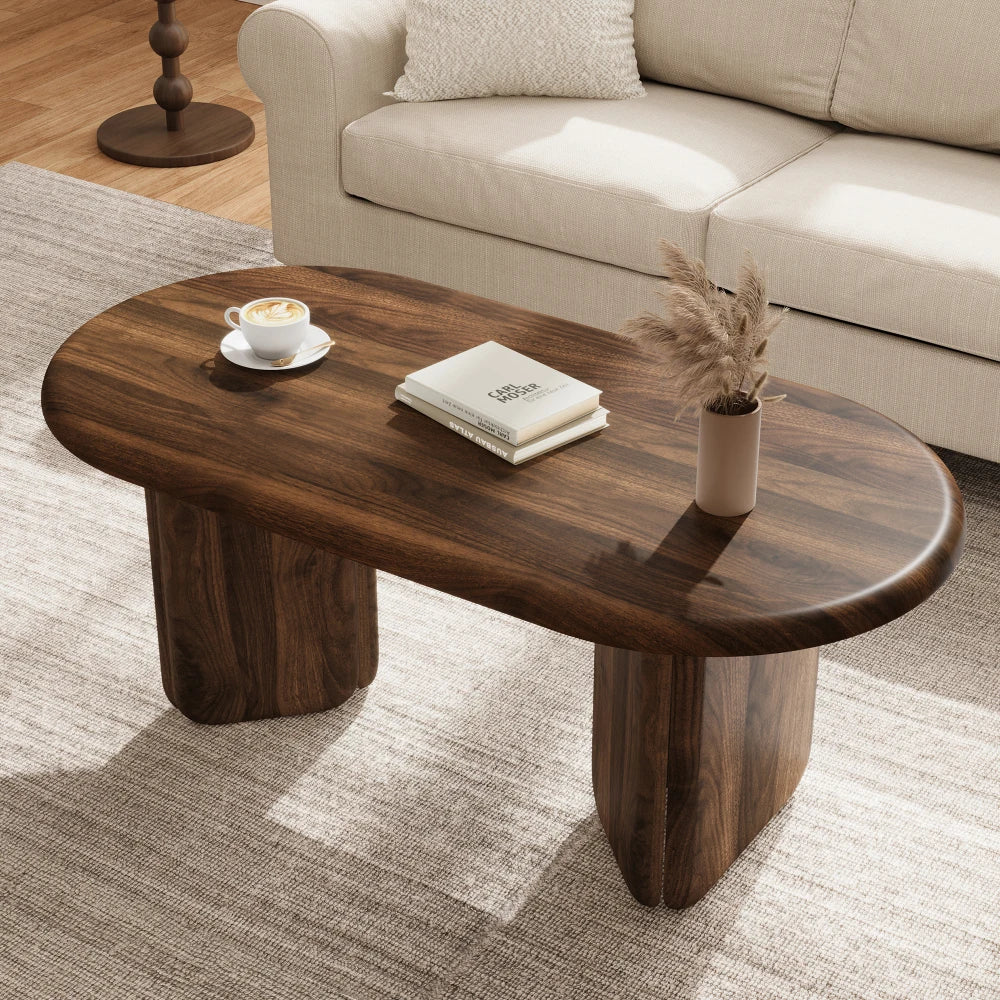Table basse ovale couleur noyer 99 cm pieds piliers – vue 4