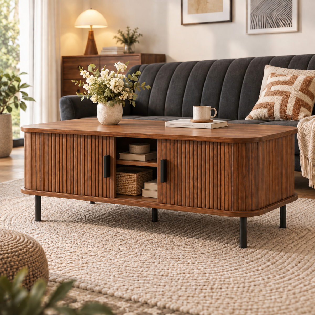 Table basse rectangulaire couleur noyer 120 cm à lattes avec portes coulissantes et rangement