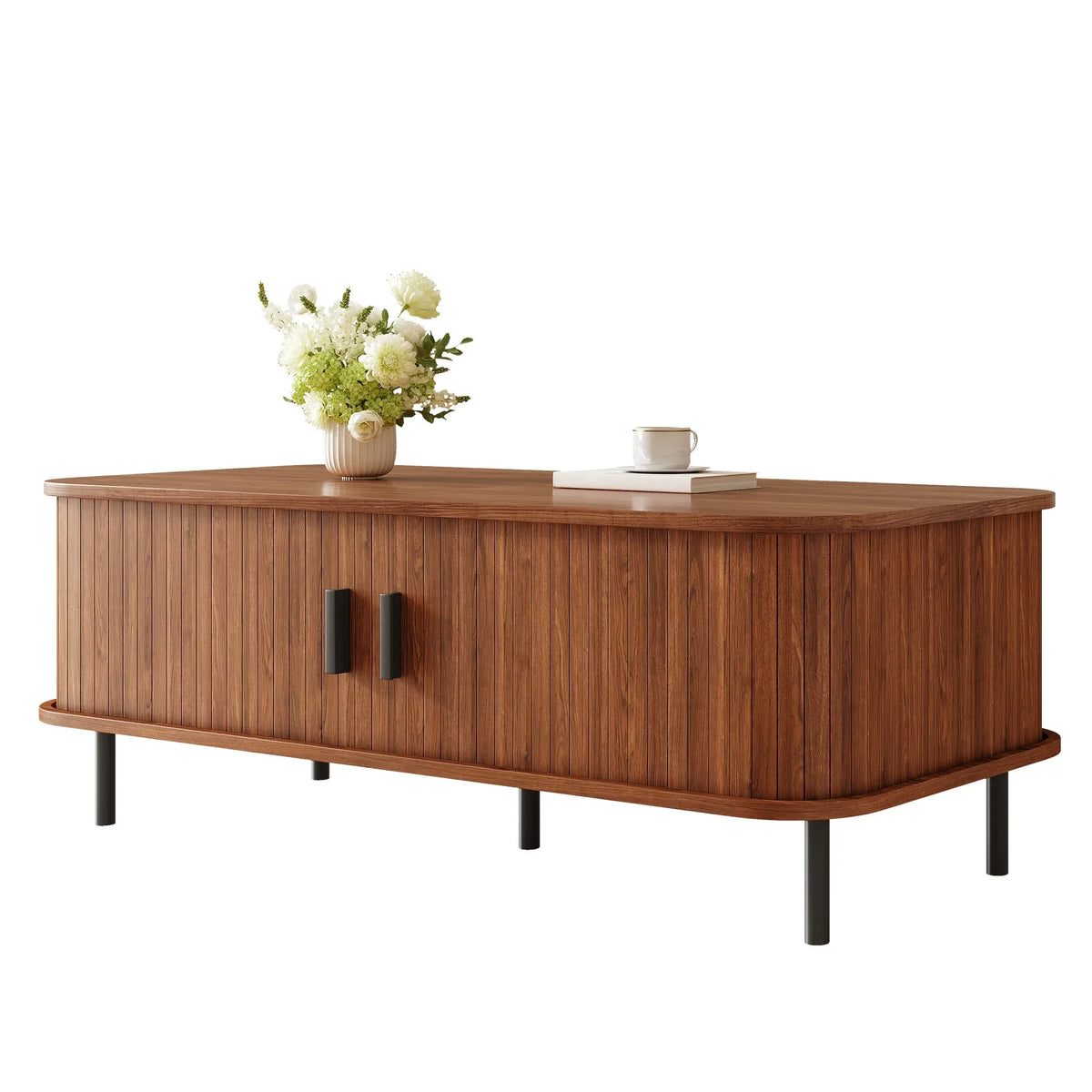 Table basse rectangulaire couleur noyer 120 cm à lattes avec portes coulissantes et rangement – vue 3