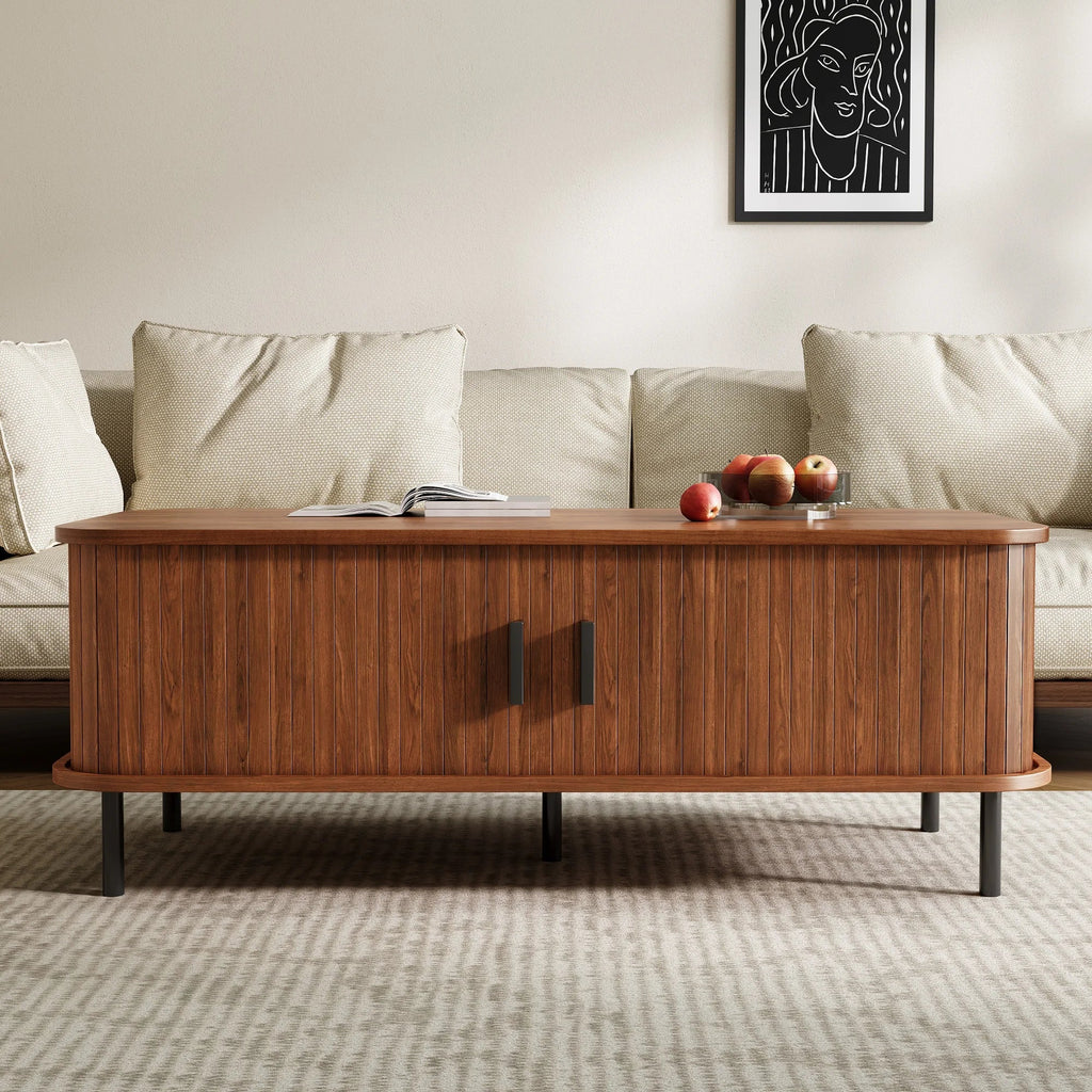 Table basse rectangulaire couleur noyer 120 cm à lattes avec portes coulissantes et rangement – vue 8