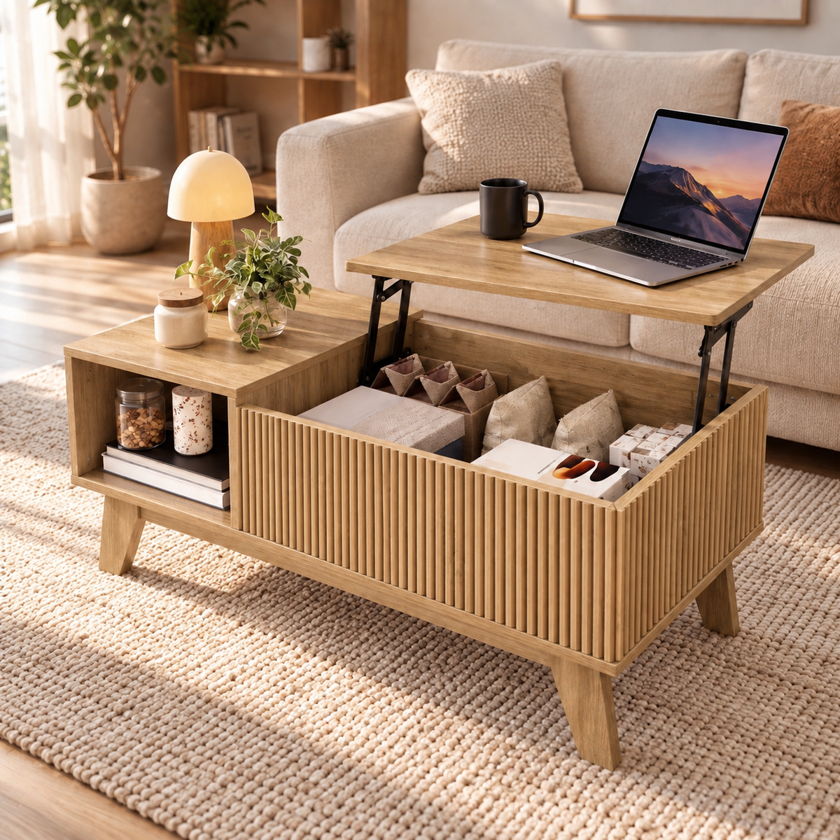 Table basse relevable cannelée bois clair 95 cm avec rangement