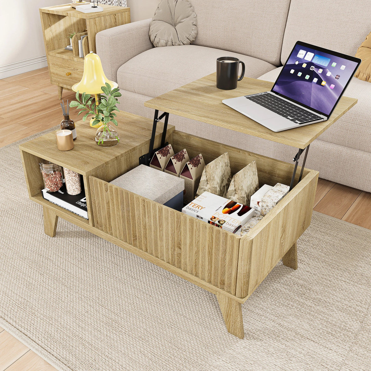 Table basse relevable cannelée bois clair 95 cm avec rangement – vue 2