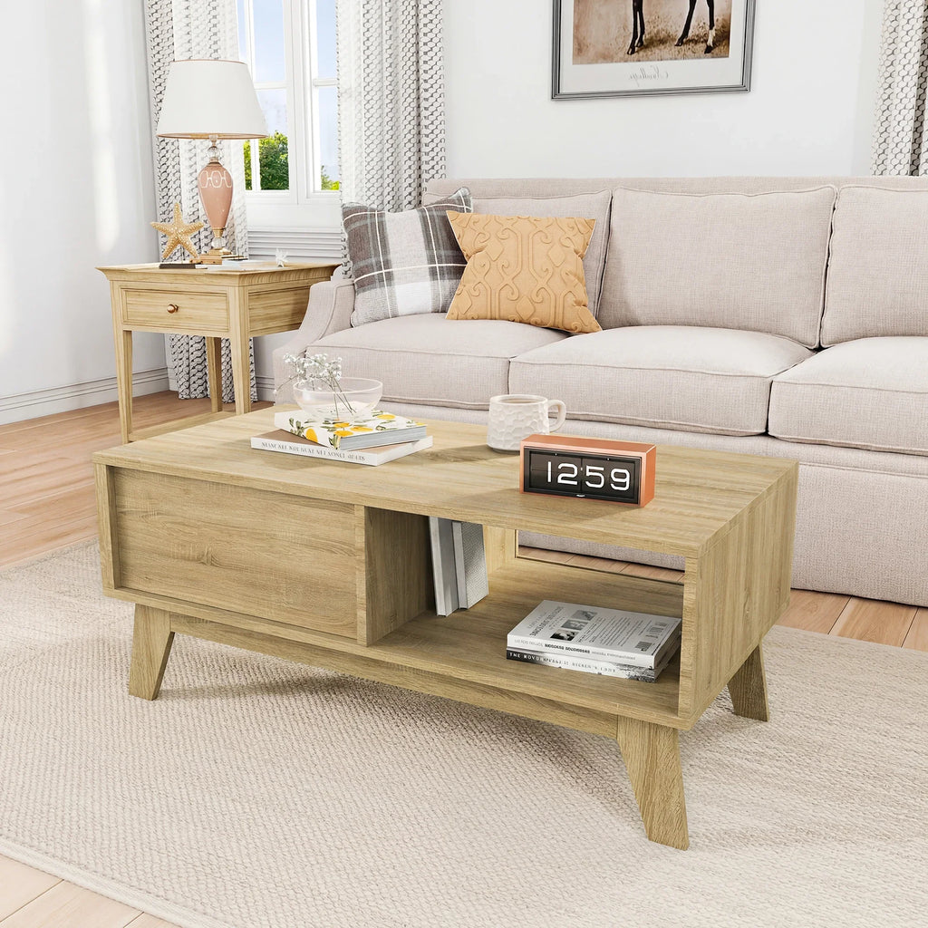 Table basse relevable cannelée bois clair 95 cm avec rangement – vue 3