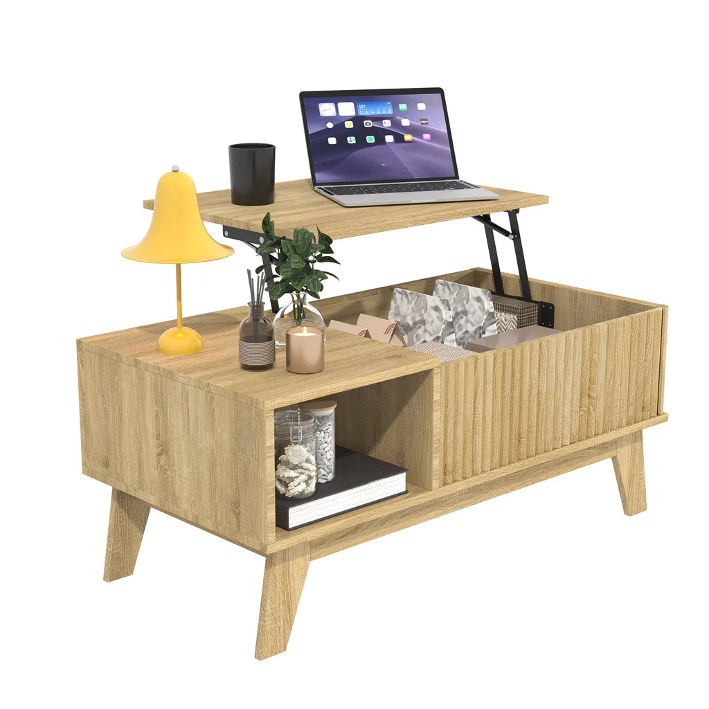 Table basse relevable cannelée bois clair 95 cm avec rangement – vue 4