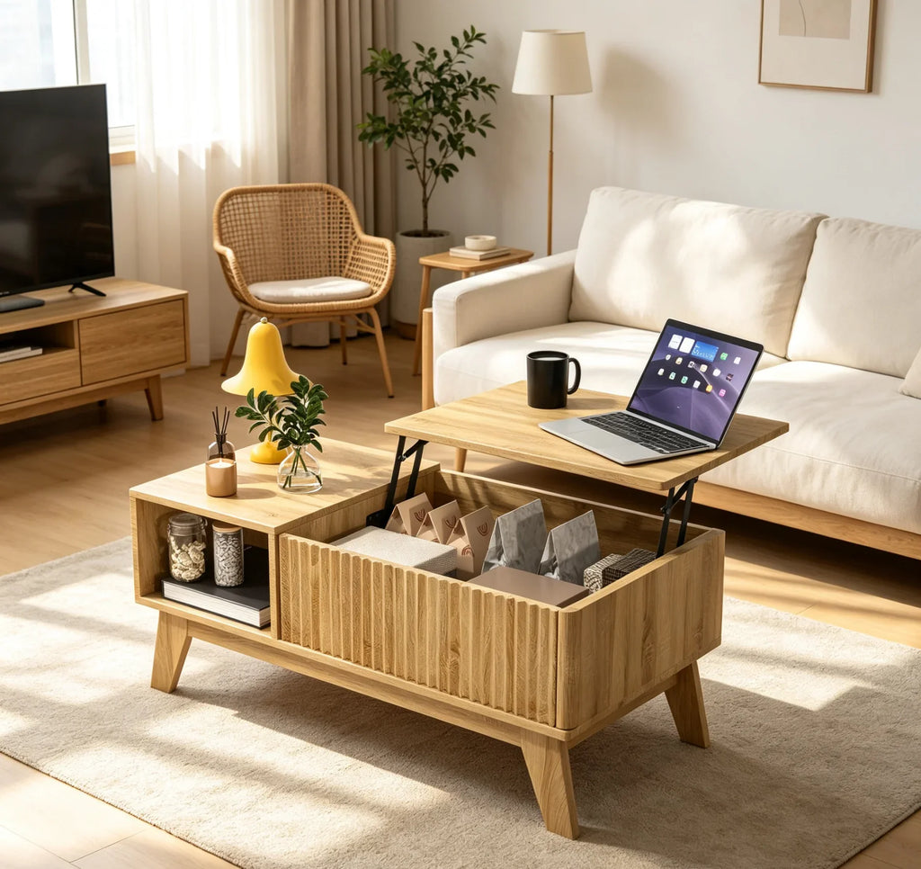 Table basse relevable cannelée bois clair 95 cm avec rangement – vue 5