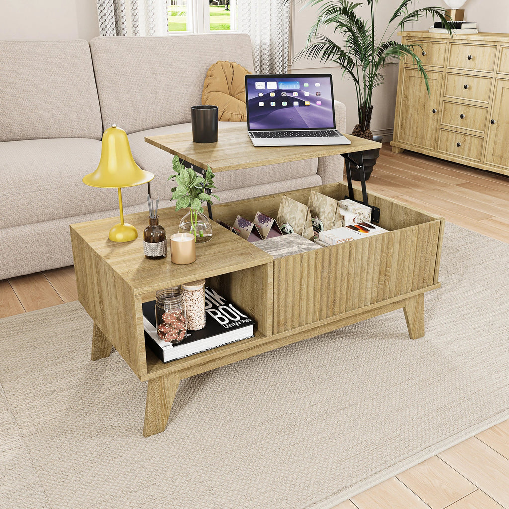 Table basse relevable cannelée bois clair 95 cm avec rangement – vue 6