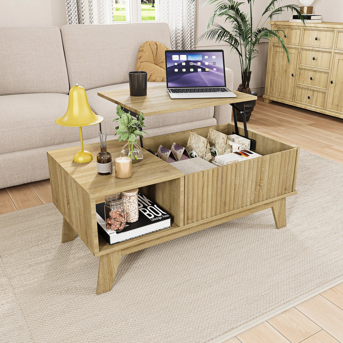 Table basse relevable cannelée bois clair 95 cm avec rangement – vue 6