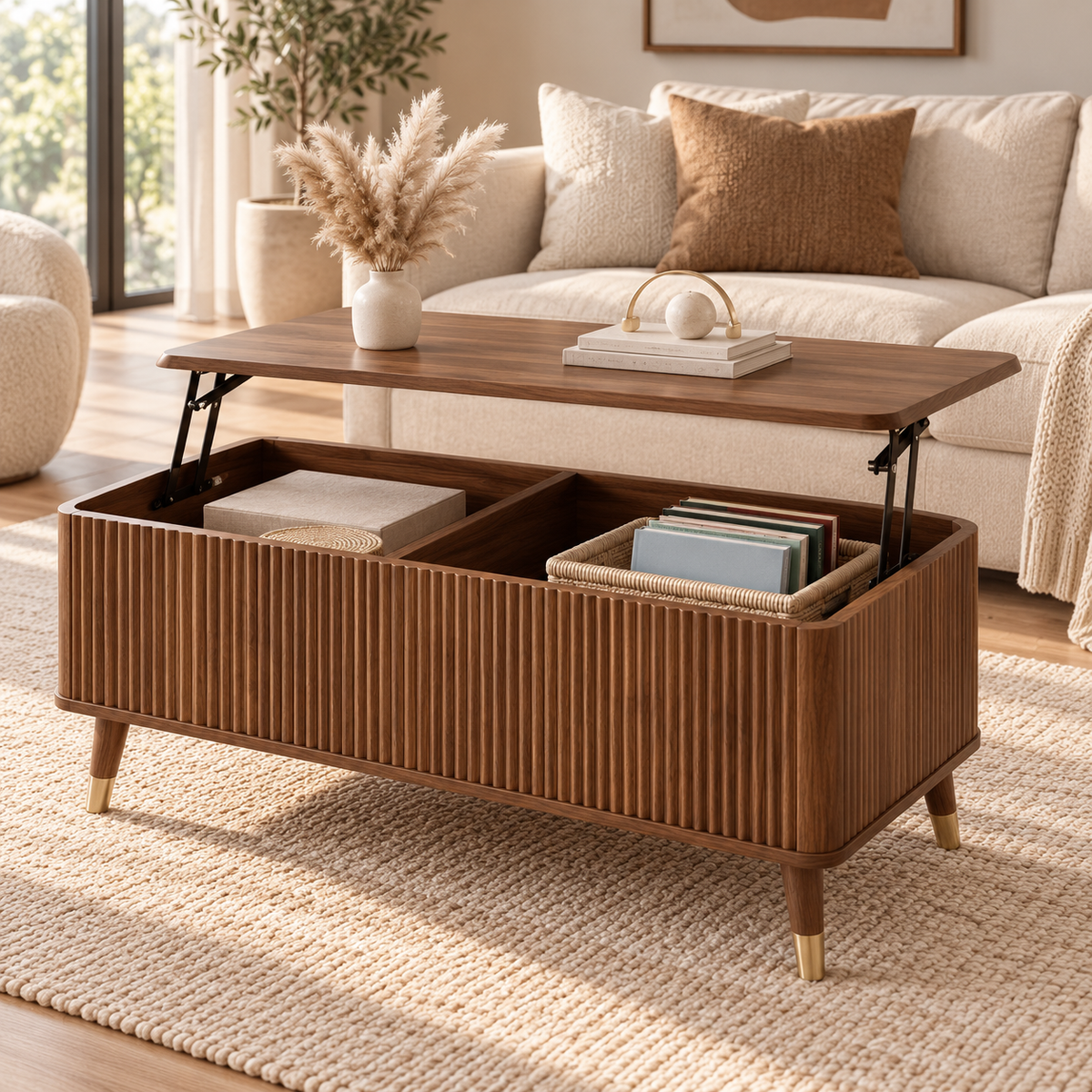 Table basse relevable couleur noyer cannelée 97 cm, pieds bois massif